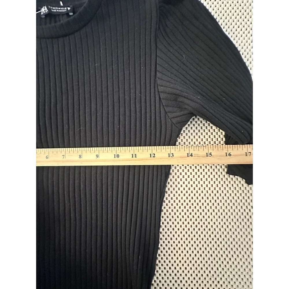 ZARA Black Dress Women Size M/6/8 Ribbed Knit Puff Sleeve Bodycon Sweater Fitted